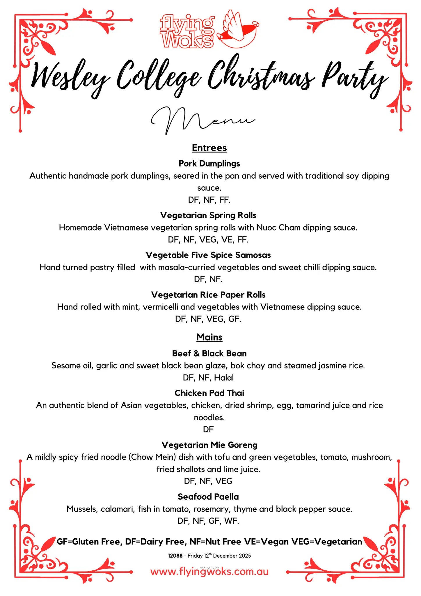 Wesley College Christmas Party Menu - Flying Woks