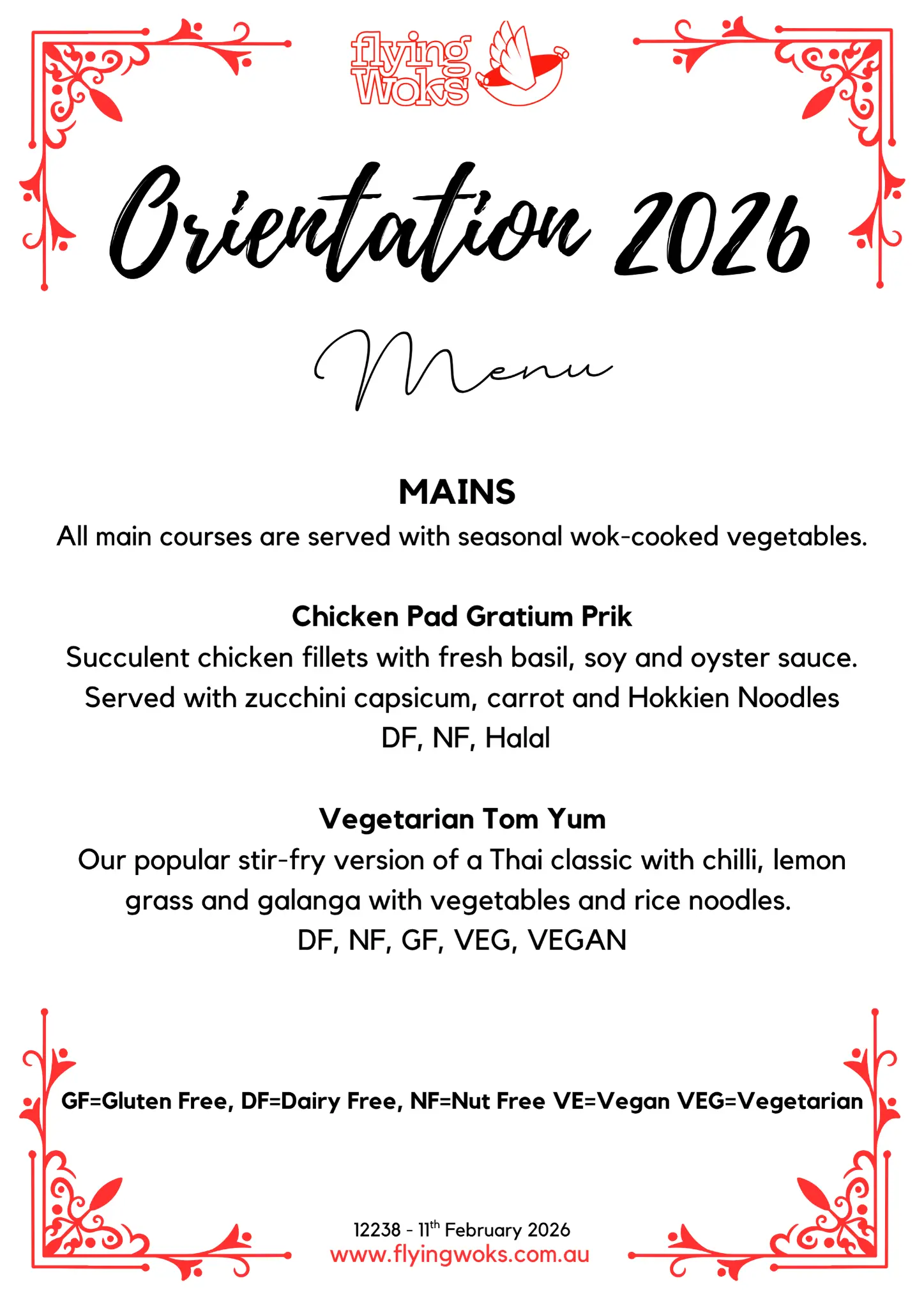 Orientation 2026 Menu - Flying Woks
