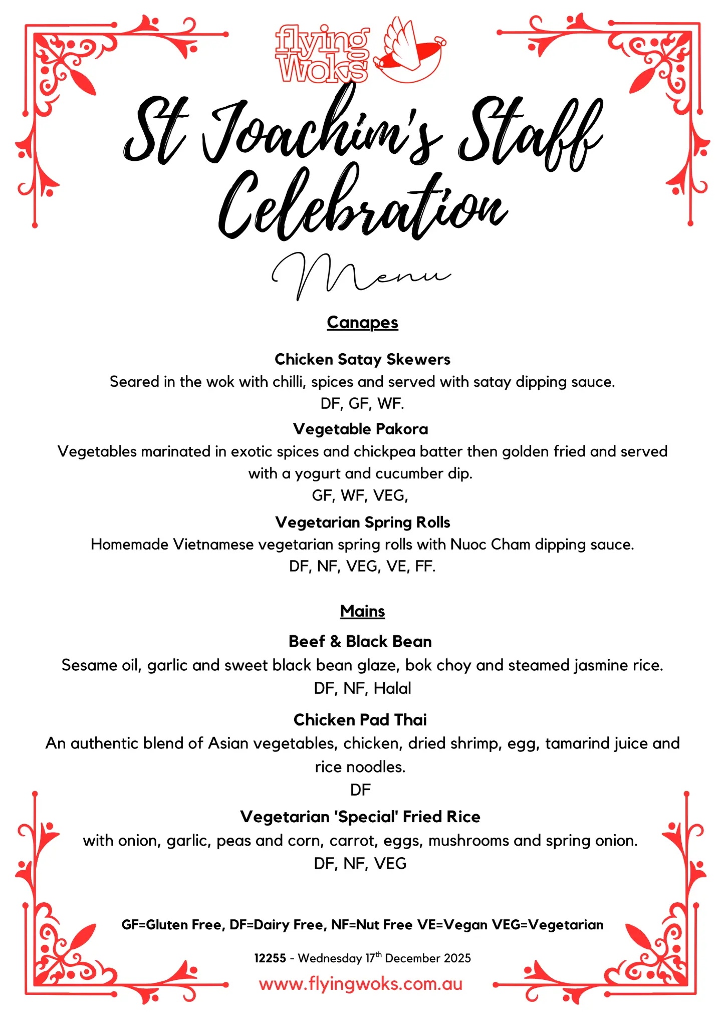 St Joachim Staff Celebration Menu - Flying Woks