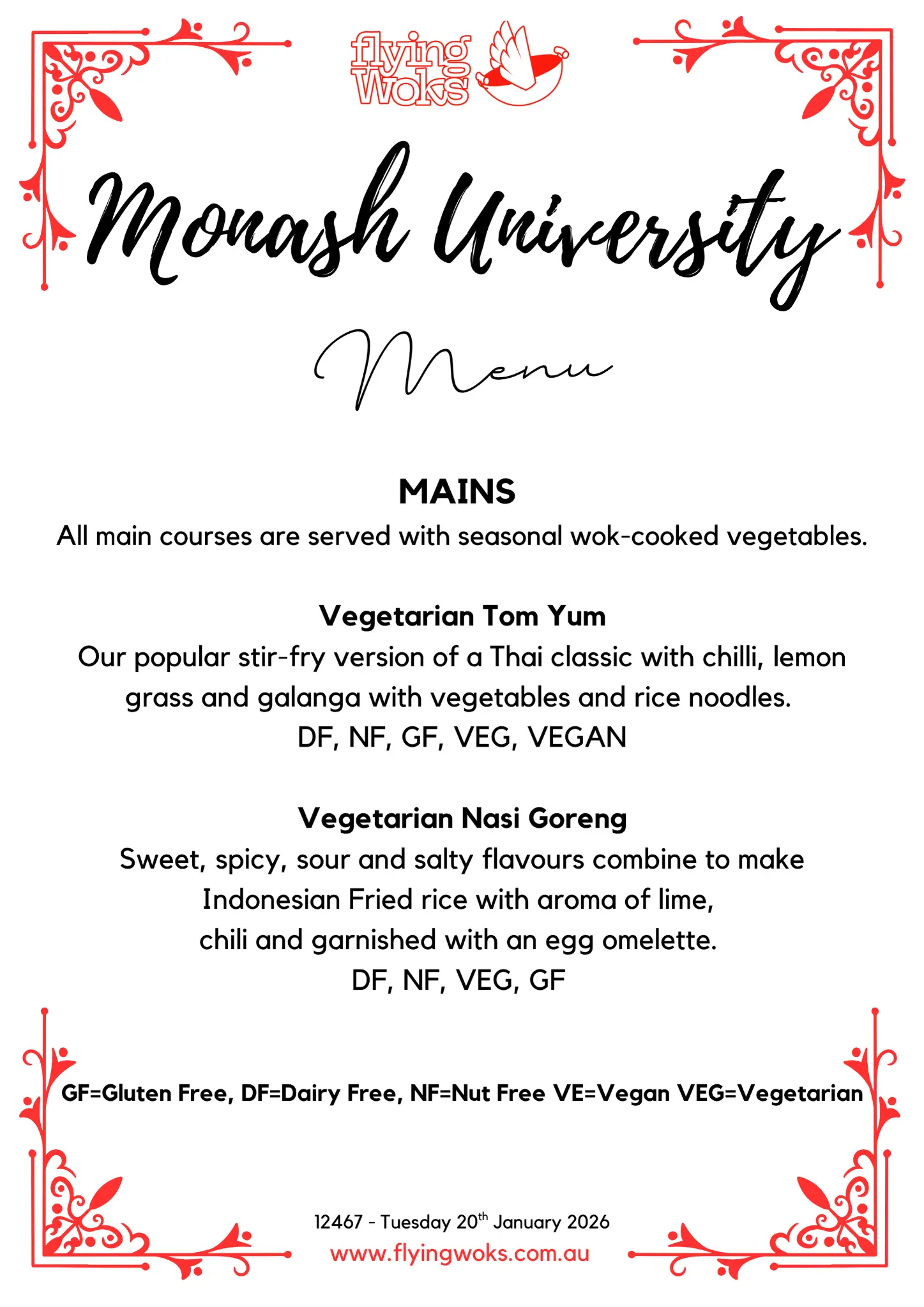 Monash University Menu - Flying Woks