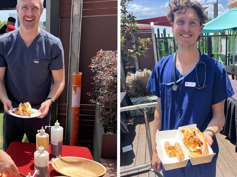 Flying Woks team serving fresh Bánh Mì rolls at a Melbourne corporate event