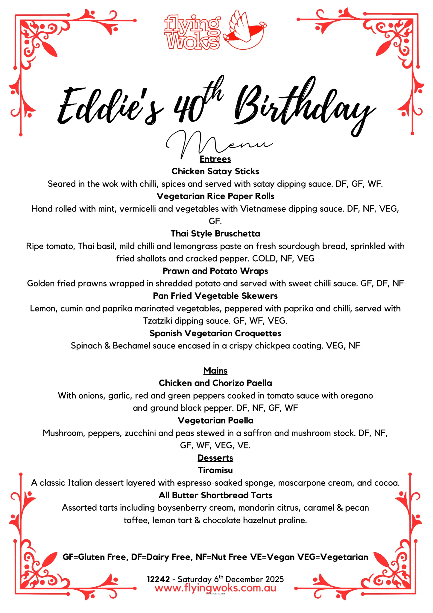 Eddie's 40th Birthday personalised menu board - Flying Woks catering Melbourne
