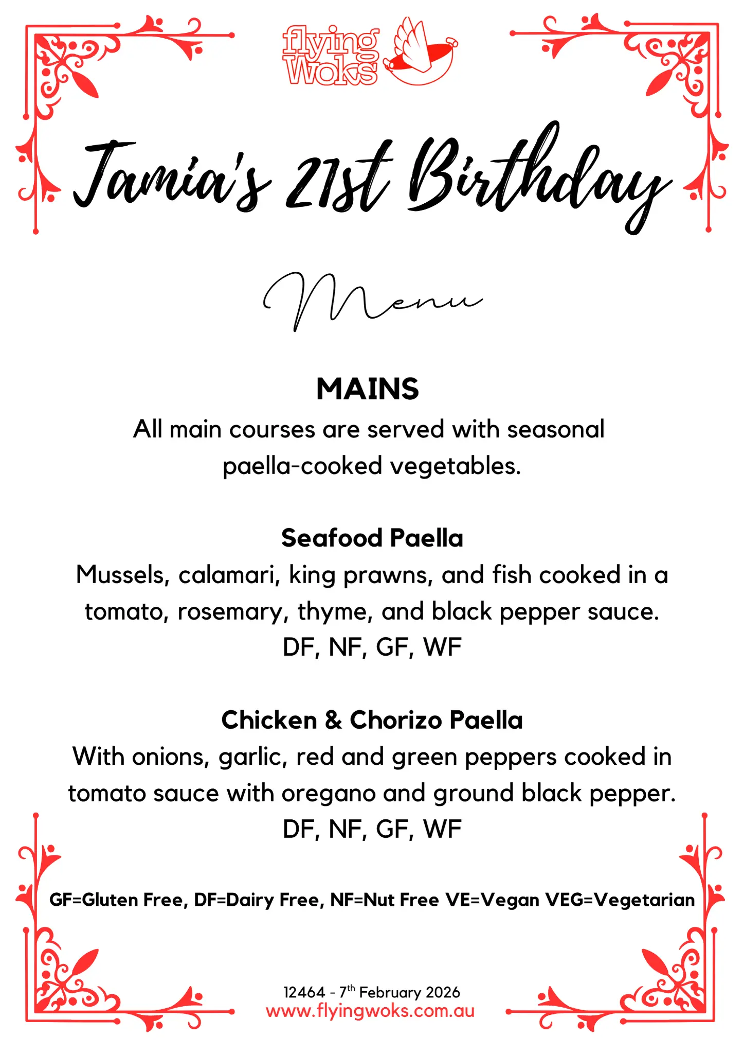 Tamia's 21st Birthday personalised menu board - Flying Woks catering Melbourne