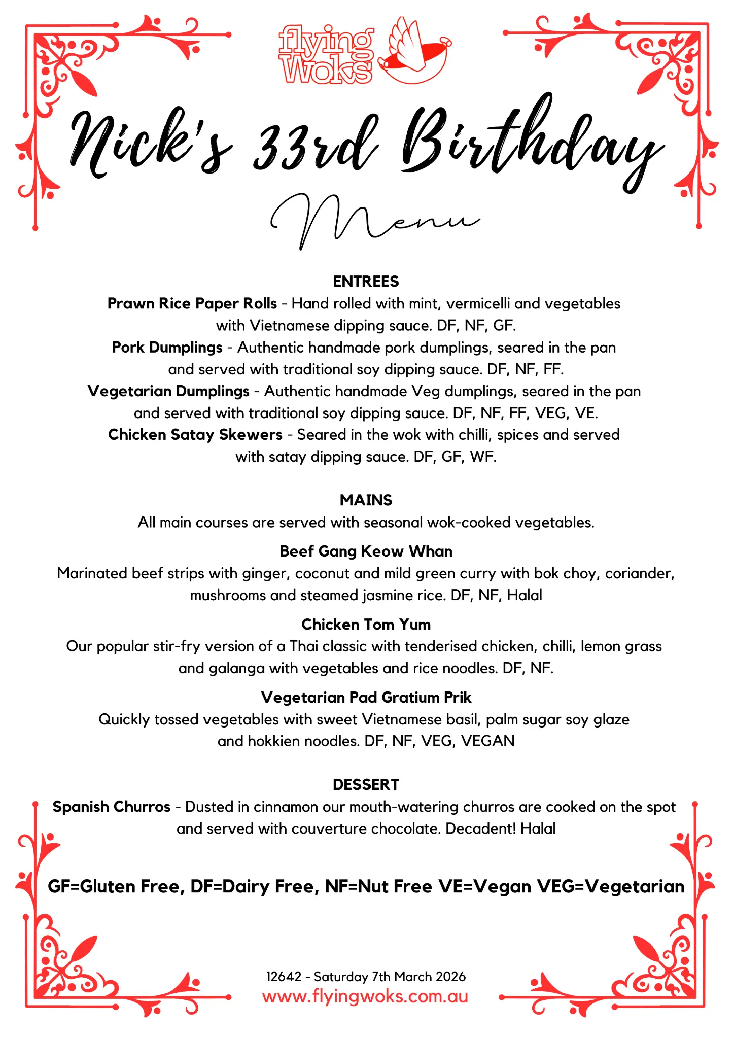 Nick's 33rd Birthday personalised menu board - Flying Woks catering Melbourne