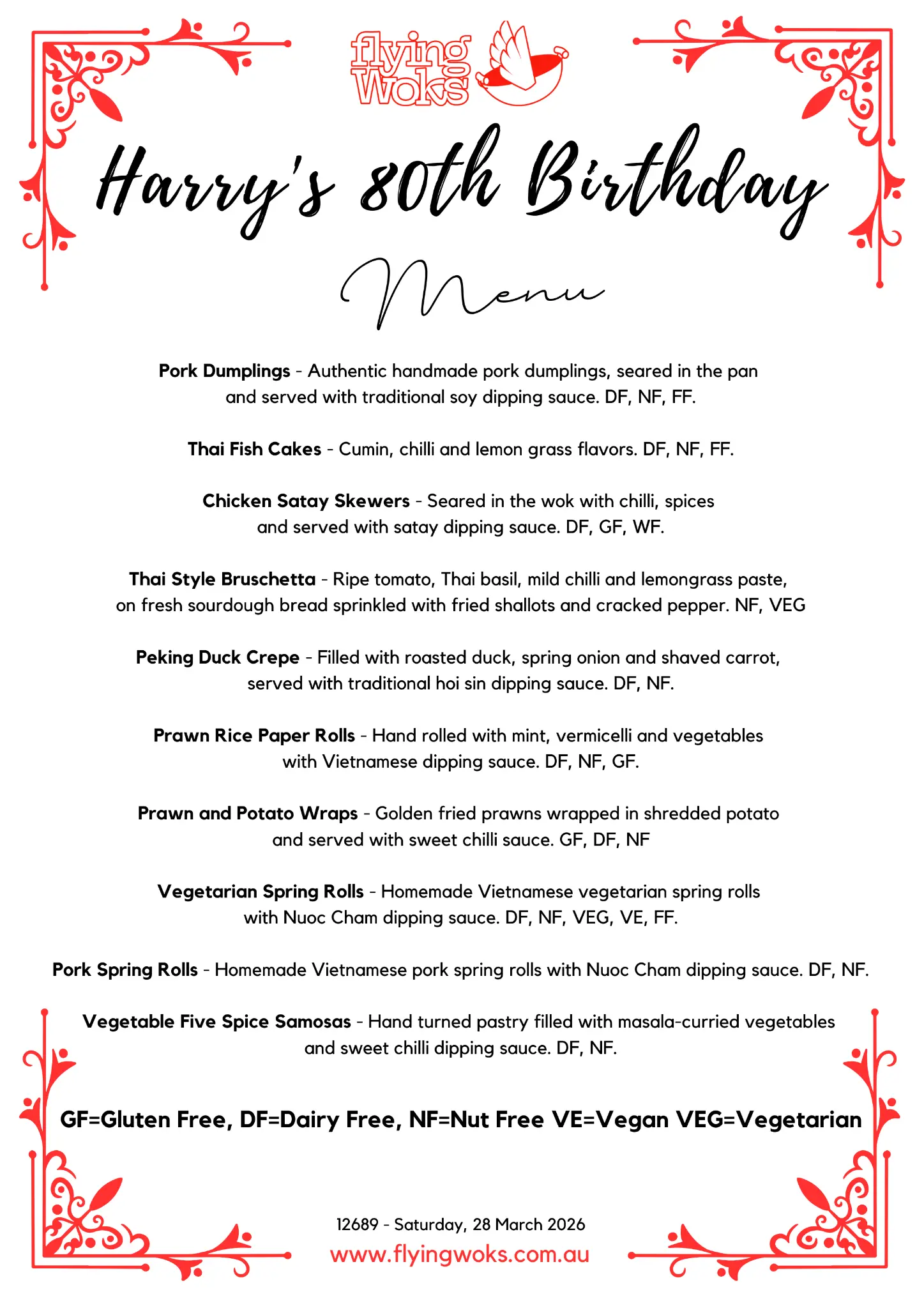 Harry's 80th Birthday personalised menu board - Flying Woks catering Melbourne