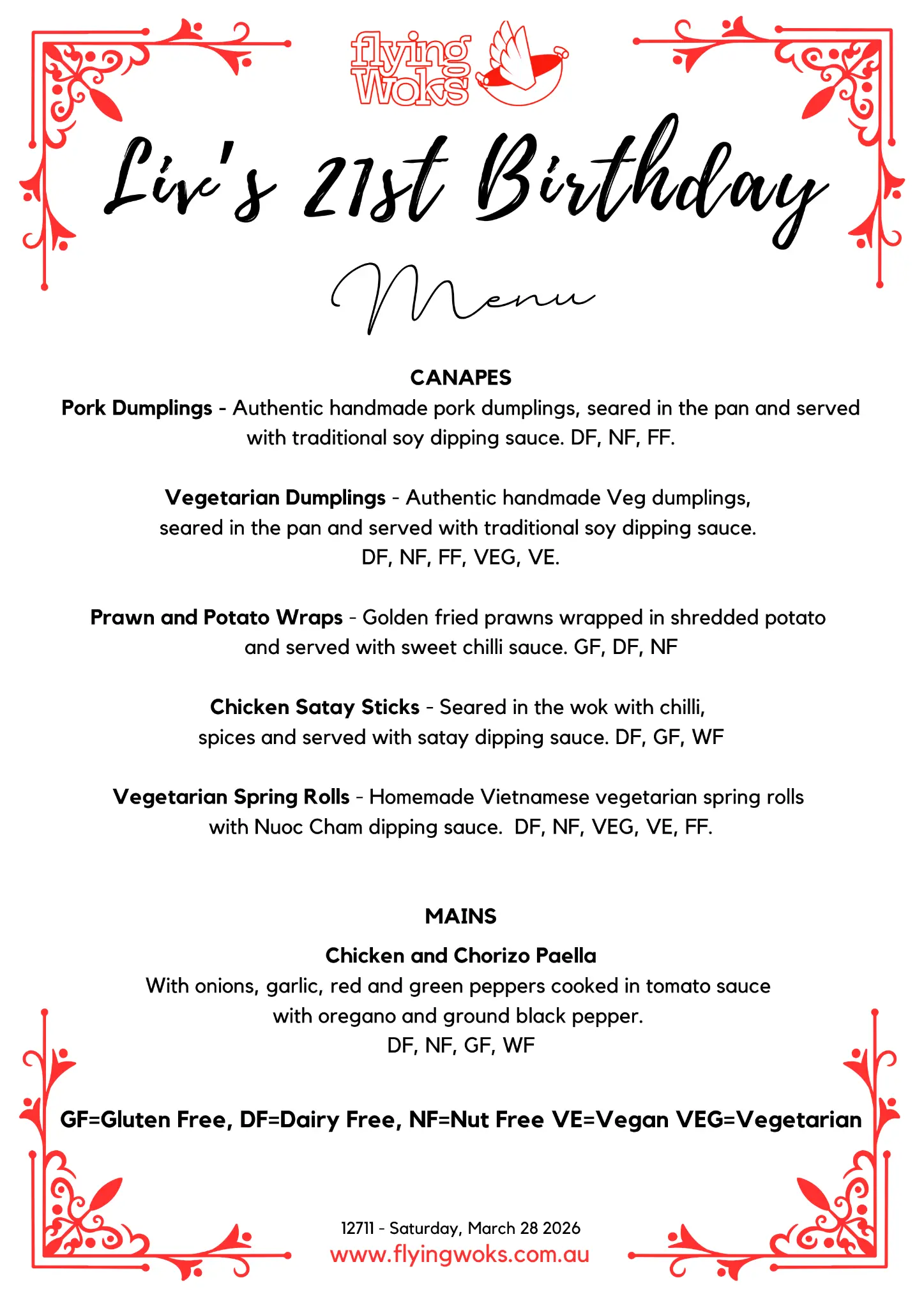 Liv's 21st Birthday personalised menu board - Flying Woks catering Melbourne