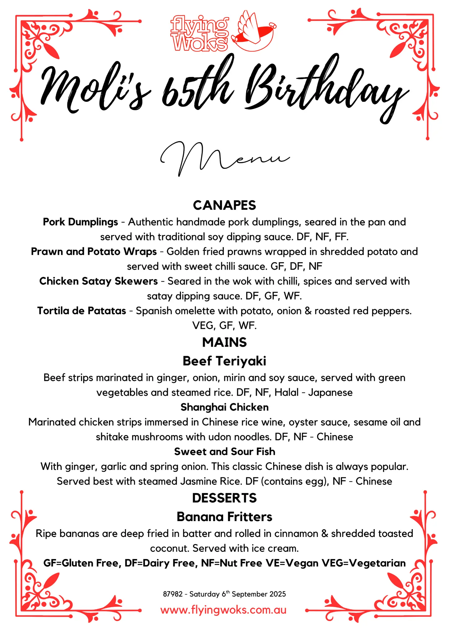Moli's 65th Birthday personalised menu board - Flying Woks catering Melbourne